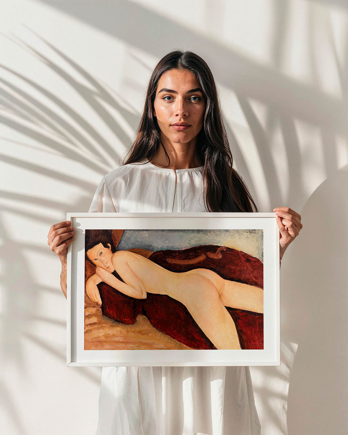 Poster of Amedeo Modigliani’s Reclining Nude featuring a stylized nude woman lying on a red blanket with a neutral background.