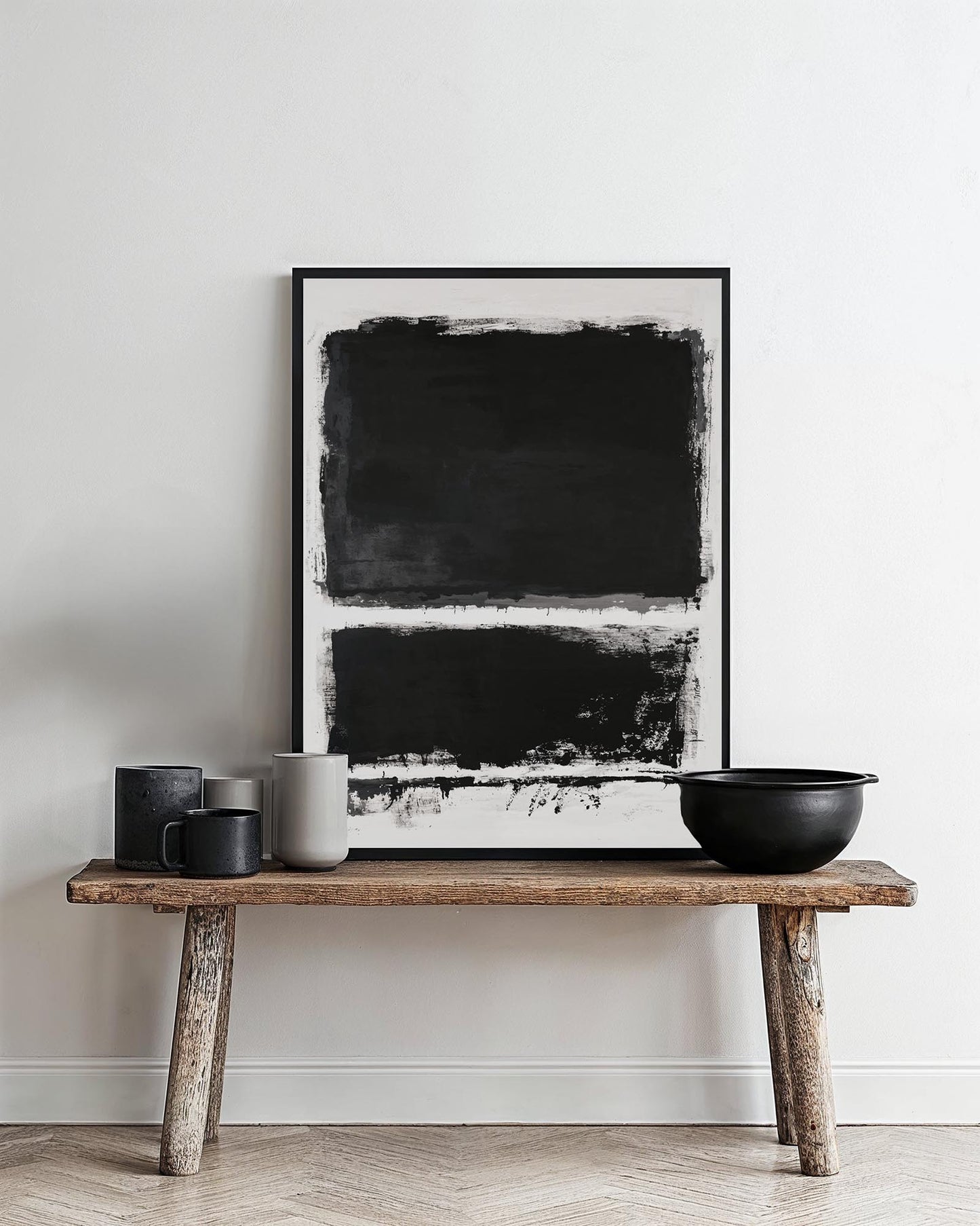 Abstract black and white painting with two bold black rectangles, rough brushstrokes, and a textured white background. Minimalist and expressionist style.