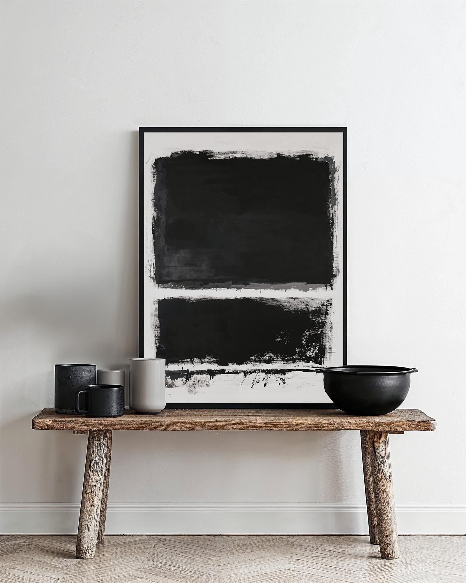 Abstract black and white painting with two bold black rectangles, rough brushstrokes, and a textured white background. Minimalist and expressionist style.