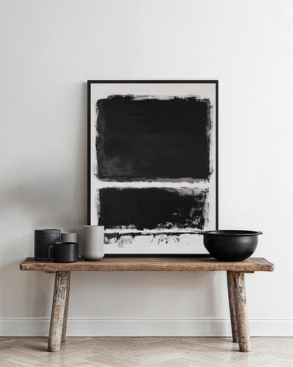 Abstract black and white painting with two bold black rectangles, rough brushstrokes, and a textured white background. Minimalist and expressionist style.