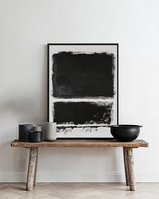 Abstract black and white painting with two bold black rectangles, rough brushstrokes, and a textured white background. Minimalist and expressionist style.
