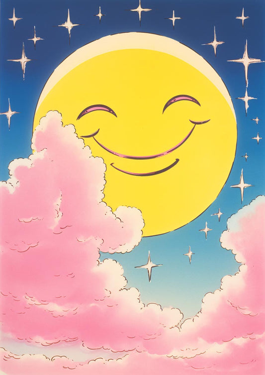 Smiling yellow moon surrounded by twinkling stars and fluffy pink clouds against a blue sky – Kids' nursery poster.
