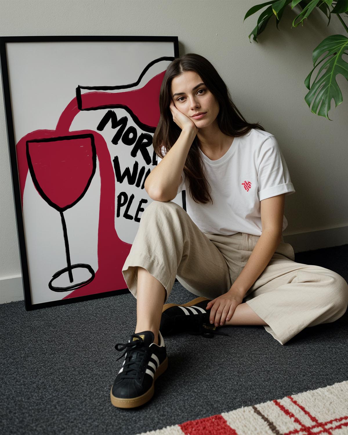 Illustrated wine poster with a red wine bottle pouring into a glass and the text “More Wine Please” in bold, playful lettering.