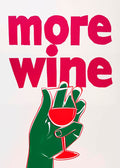 Bold magenta 'More Wine' text with playful hand holding a glass illustration on a white backdrop.