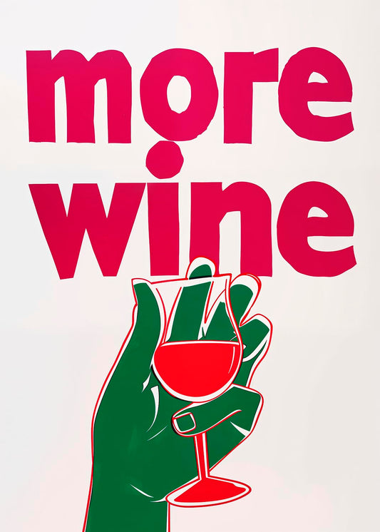 マゼンタ色の太い「More Wine」テキストと、グラスを持つ遊び心のある手のイラスト。