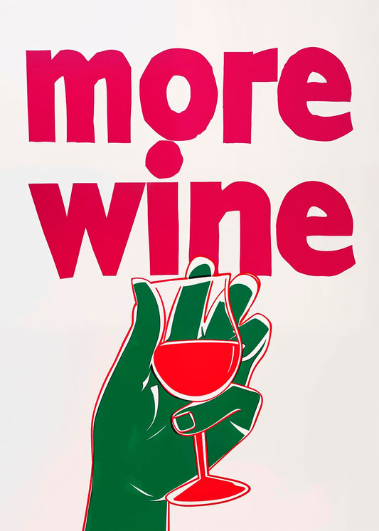 Bold magenta 'More Wine' text with playful hand holding a glass illustration on a white backdrop.