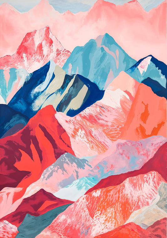 クリムゾンレッドとサファイアブルーの色調で鋭い山頂が描かれた抽象的な山のポスター。