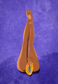 My Papaya by Raissa Oltmanns – an illustrated poster showing brown legs raised against a textured purple background, with a hand holding a halved papaya suggestively between the thighs, symbolizing femininity, sensuality, and body positivity.