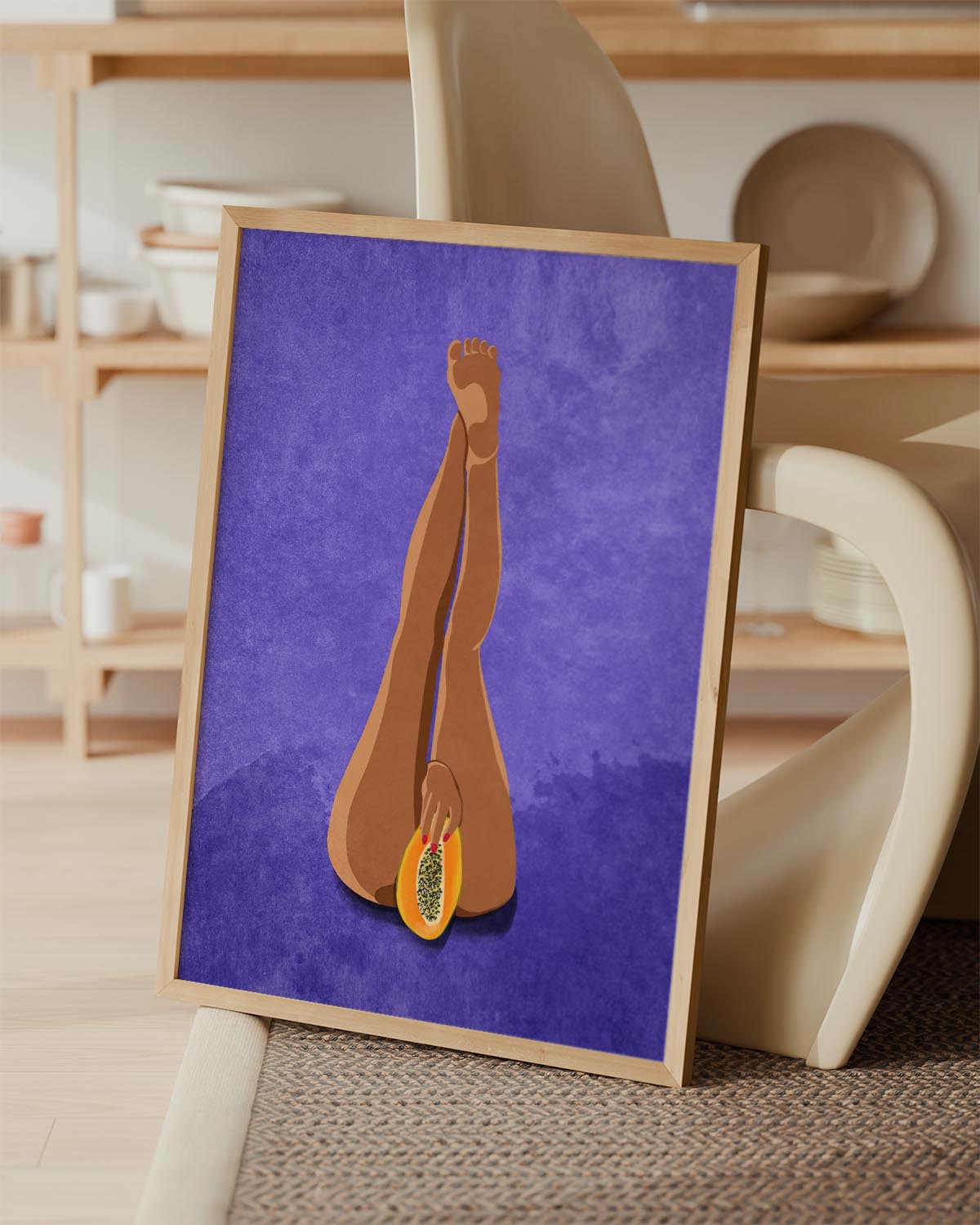 My Papaya by Raissa Oltmanns – an illustrated poster showing brown legs raised against a textured purple background, with a hand holding a halved papaya suggestively between the thighs, symbolizing femininity, sensuality, and body positivity.