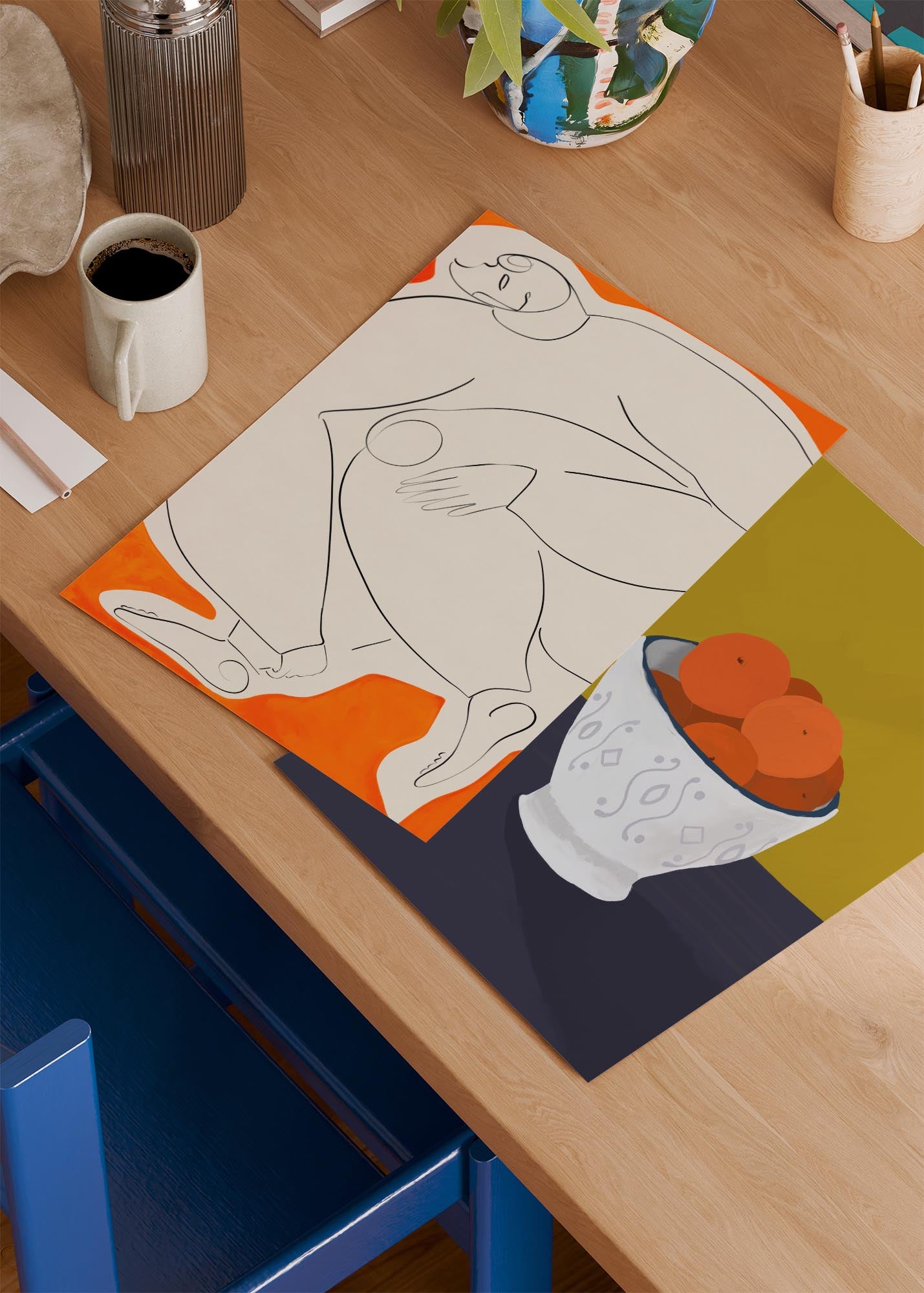 Abstract line art poster of a reclining human figure outlined in black on a beige background with bright orange accents in the corners.