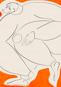 Abstract line art poster of a reclining human figure outlined in black on a beige background with bright orange accents in the corners.