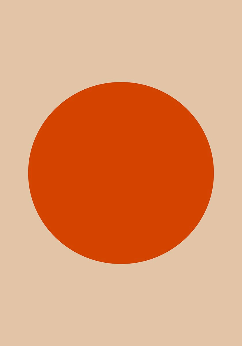 A playful poster with a single, vibrant burnt-orange oval centered on a muted beige background, embodying a dash of simplicity and fun.
