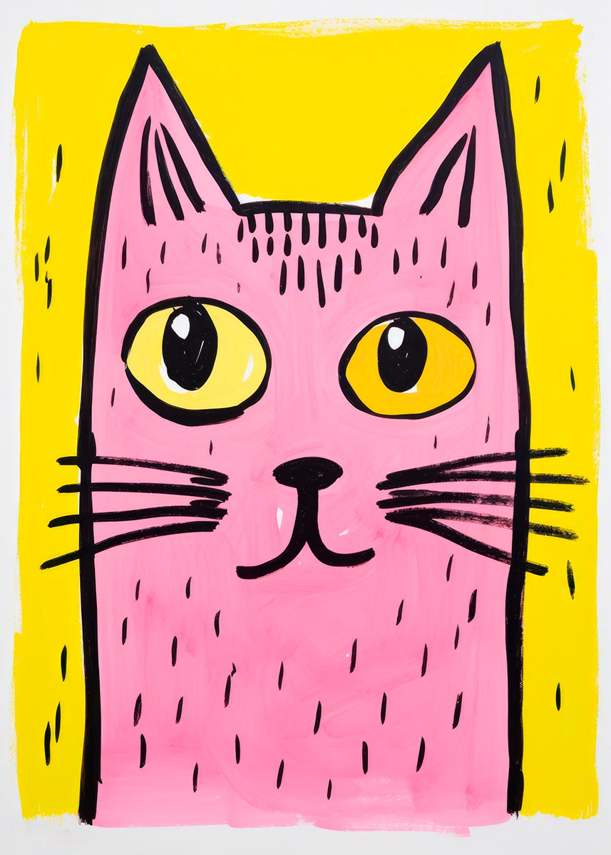 Bright illustration of a pink cat with big yellow eyes against a yellow background. Ideal for kids' rooms and nurseries.