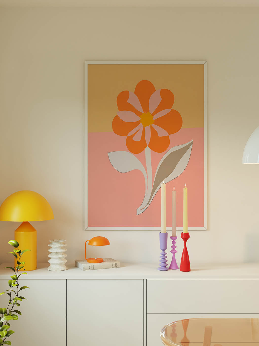 Illustration of a vibrant orange and pink flower with a beige background, ideal for contemporary home decor.