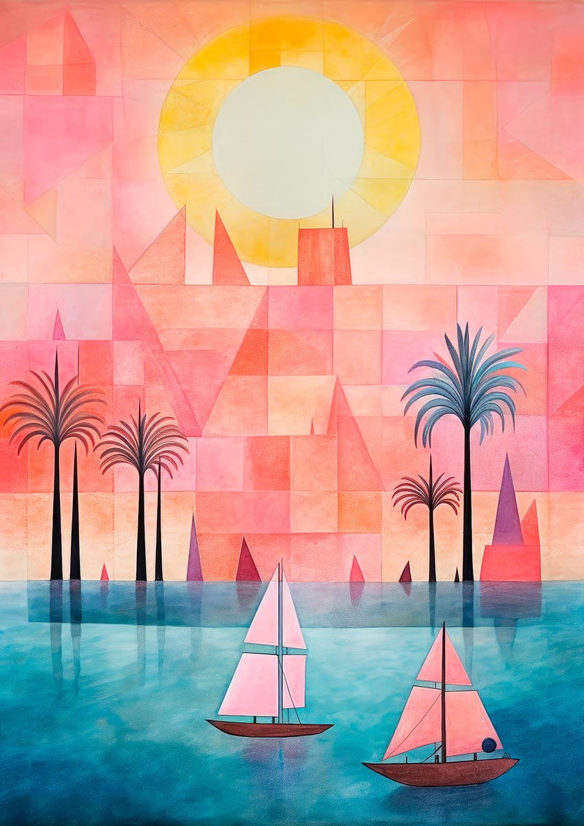 Children's poster featuring a geometric design of a radiant sun, pink and coral landscapes, palm trees, and sailboats on calm blue waters, inspired by Paul Klee