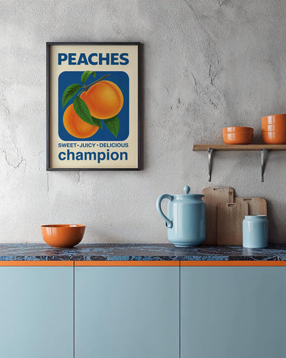 Vintage-style poster featuring two ripe peaches with green leaves on a blue background. Bold text reads "PEACHES" at the top and "SWEET • JUICY • DELICIOUS champion" at the bottom.