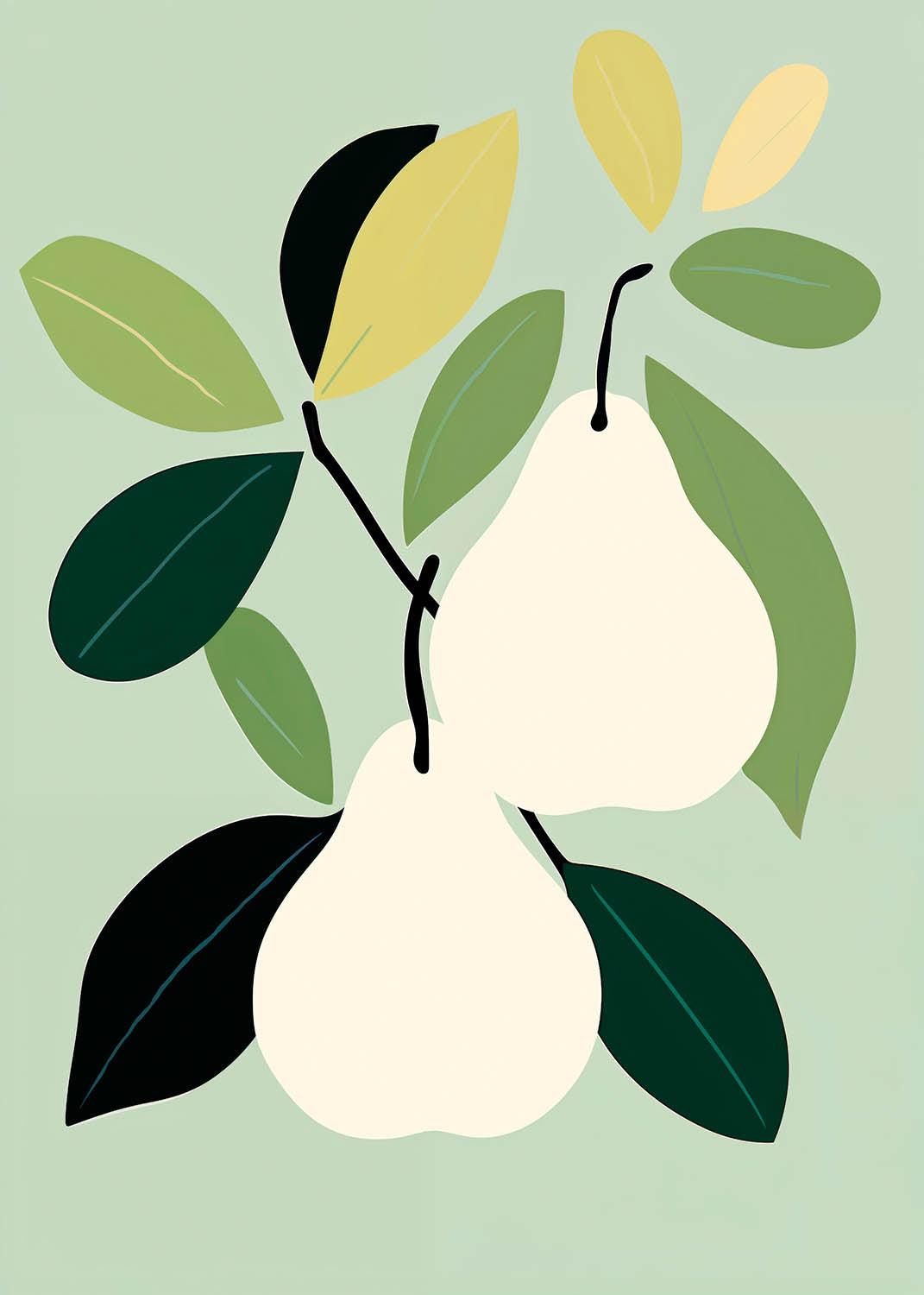 Artistic poster with a minimalist design of two stylized pears and leaves in a palette of soft greens, yellows, and black, set against a muted green background.