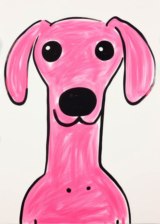 Illustration of a bright pink dog with big eyes and a cheerful expression, ideal for kids' rooms and nursery decor.