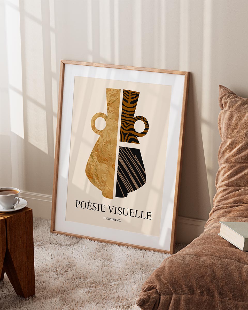 Modern abstract poster titled 'Poésie Visuelle' showcasing geometric patterns in earthy tones, emphasizing on a combination of texture-like and striped designs.