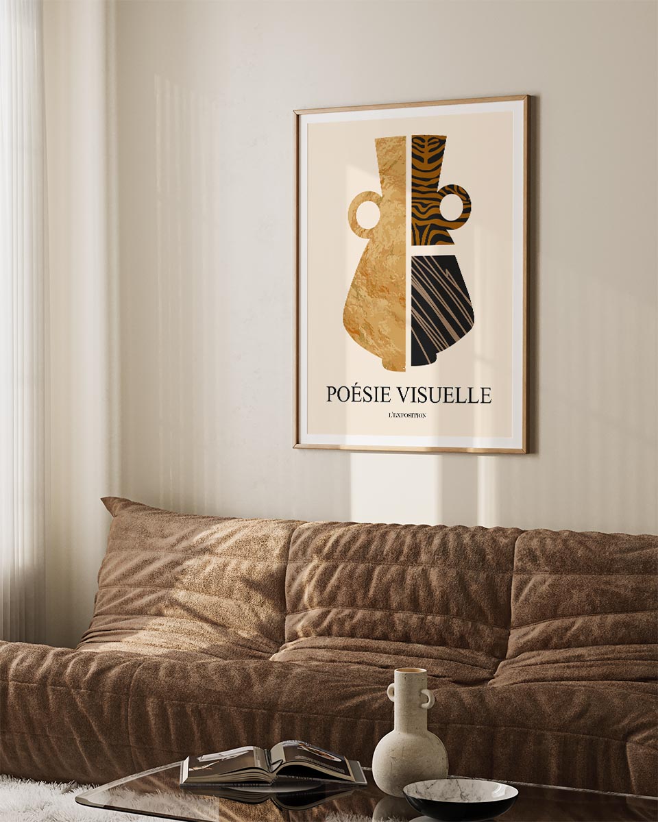 Modern abstract poster titled 'Poésie Visuelle' showcasing geometric patterns in earthy tones, emphasizing on a combination of texture-like and striped designs.
