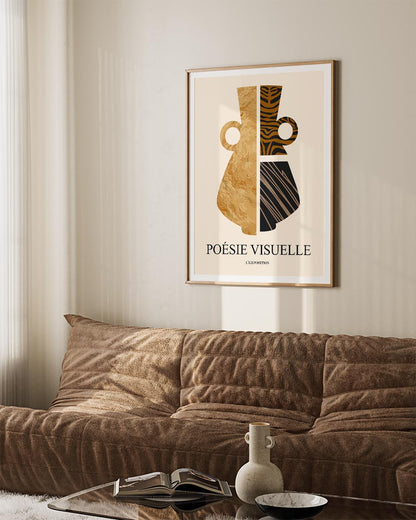 Modern abstract poster titled 'Poésie Visuelle' showcasing geometric patterns in earthy tones, emphasizing on a combination of texture-like and striped designs.