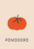 A playful and minimalist illustration of a bright red tomato with a whimsical, curly stem on a pale background with the word 'POMODORO' beneath it.
