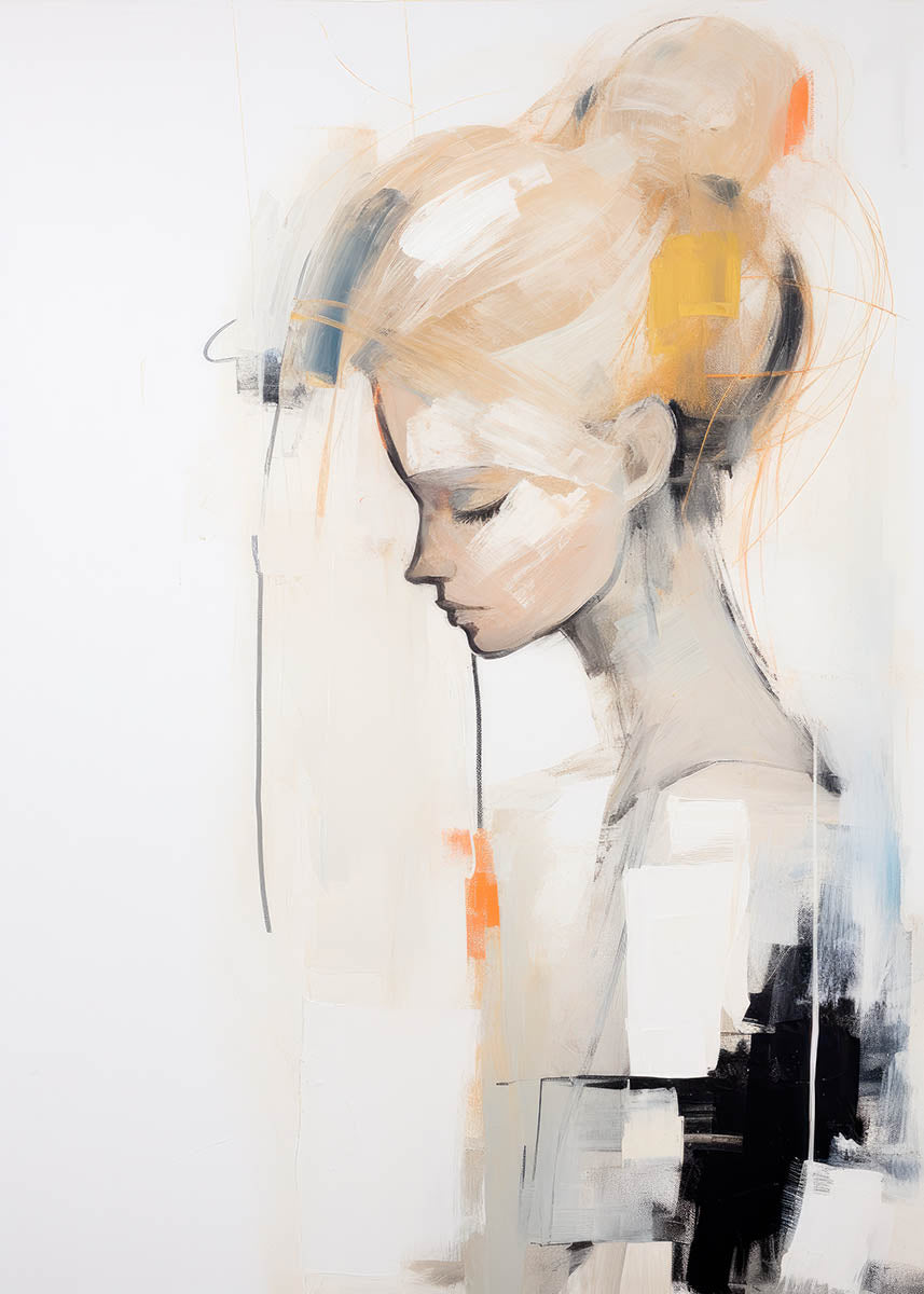 Abstract art portrait of a woman with expressive brushstrokes in hues of beige, orange, and black, capturing a blend of realism and abstraction.