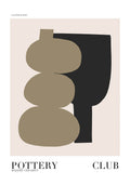 Abstract "Pottery Club" poster with earthy brown and black shapes on a beige background, featuring the text "Pottery Club" at the bottom.