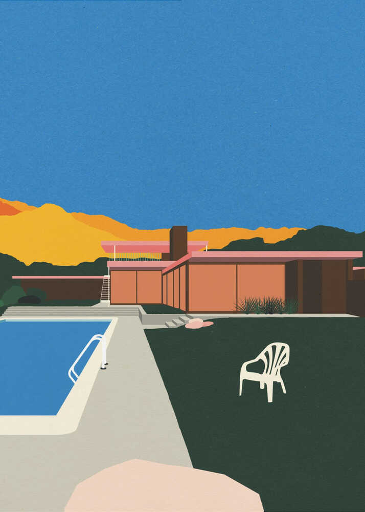 A minimalist architectural art print of the Kaufmann Desert House in Palm Springs. The illustration features the flat-roofed modern home in terracotta tones, a turquoise swimming pool with a white ladder, and a single white chair on a dark green lawn, set against golden mountains and a clear blue sky.