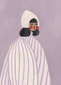 Illustration of a woman with black hair wearing a large white hat and a flowing lavender-striped garment, set against a soft purple background.