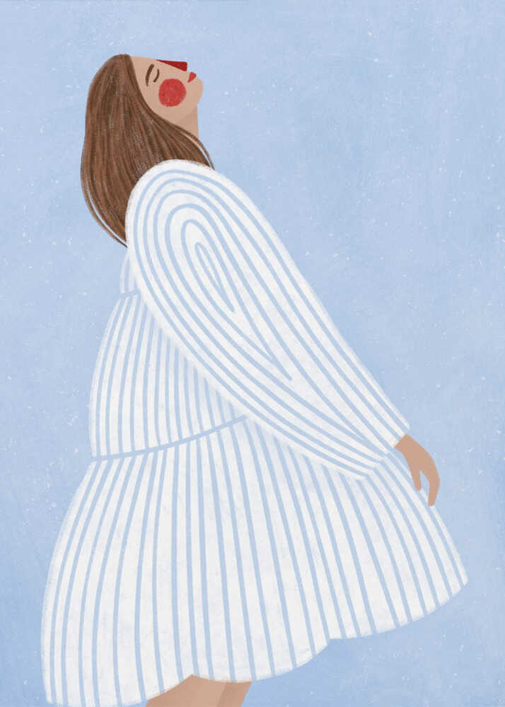 Illustration of a woman in a white dress with blue stripes, head tilted back in a relaxed pose, set against a light blue textured background.