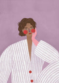 Illustration of a woman with short dark hair wearing a white pinstripe blazer, resting her face on a pink-gloved hand, set against a soft lilac background.