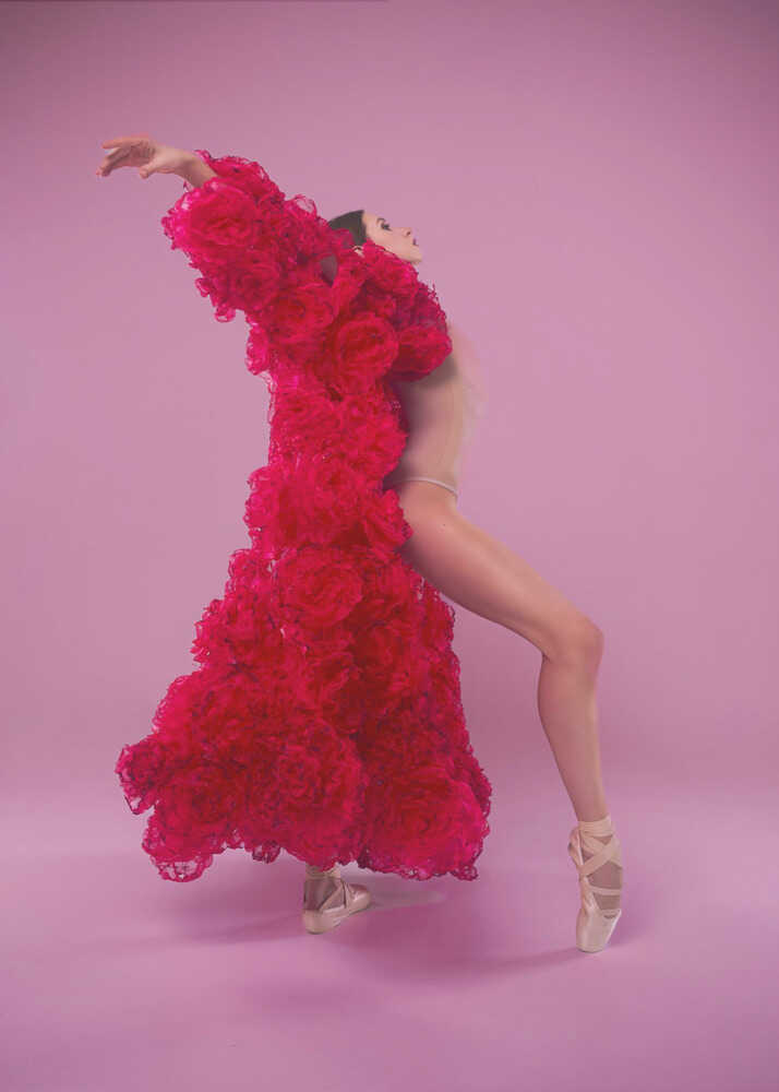 Ballet dancer wearing a voluminous fuchsia floral dress against a soft pink background.
