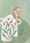 Illustration of a woman in a green striped sweater holding a large white vase with pink flowers, set against a soft sage green background.