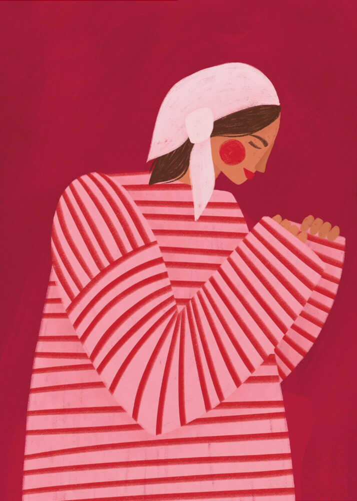 Illustrated portrait of a woman wearing a red and pink striped sweater and white headscarf, hands clasped, set against a rich red background.