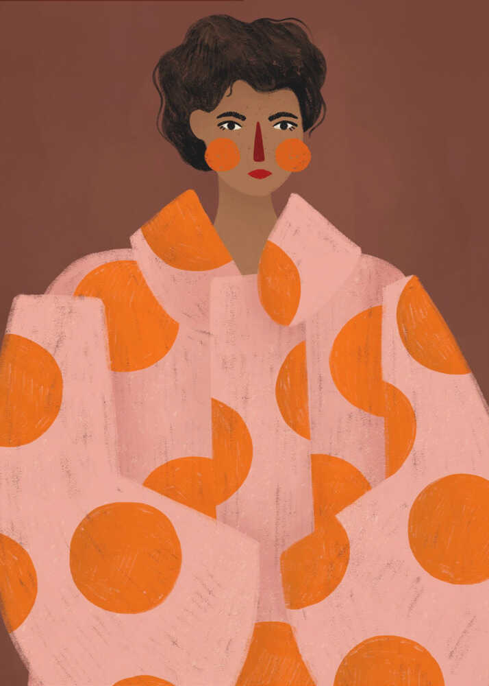 Illustration of a woman with short dark hair wearing a large pink coat with bold orange polka dots, set against a warm brown background.