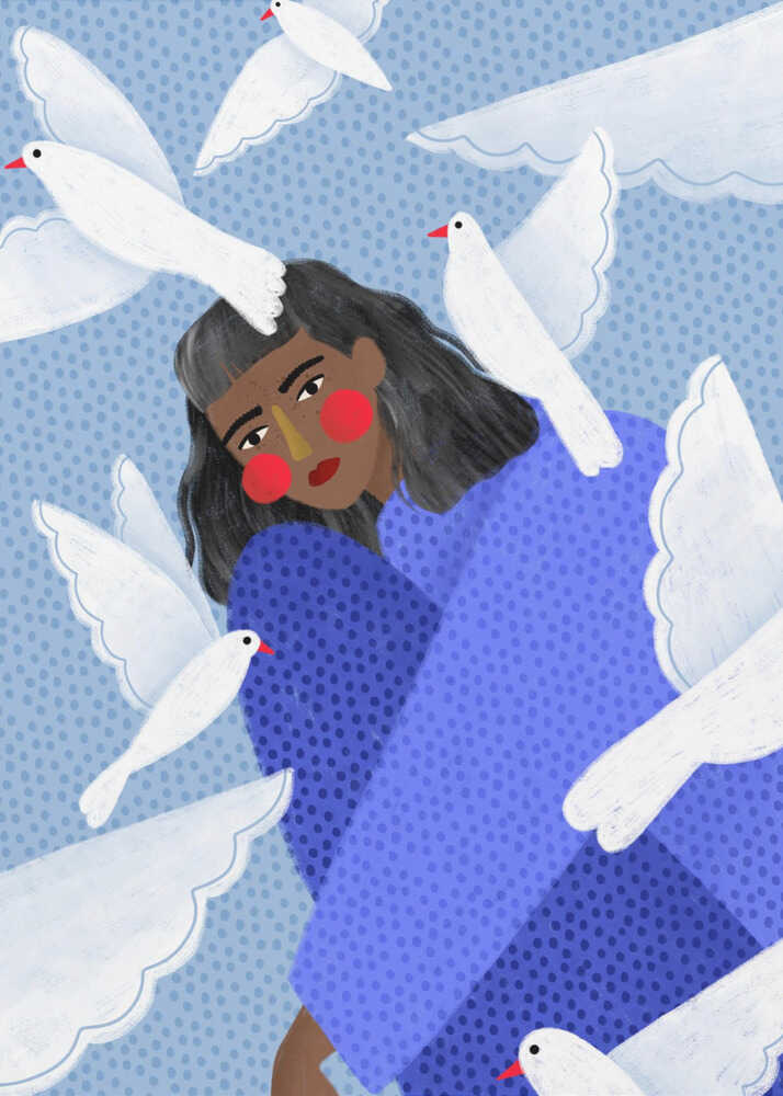 Illustration of a woman in a blue outfit sitting pensively as white doves fly around her, set against a soft blue patterned background.