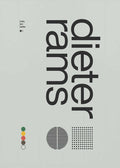 A minimalist industrial design poster for Dieter Rams on a light grey background. It features the name "dieter rams" printed vertically in black. To the left, the phrase "Less, but better" is visible. The bottom section includes a vertical palette of five colored circles and two geometric icons: a square grid of dots and a circular vent-like pattern.