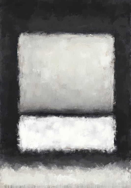 Abstract painting with two soft white rectangles framed in dark charcoal, creating a calm, minimalist composition