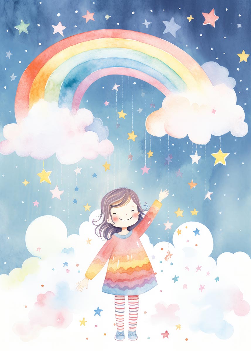 Child joyfully reaching out beneath a colorful rainbow, amidst soft clouds, shimmering stars, and dreamy watercolor backdrop, perfect for kids' room decor.