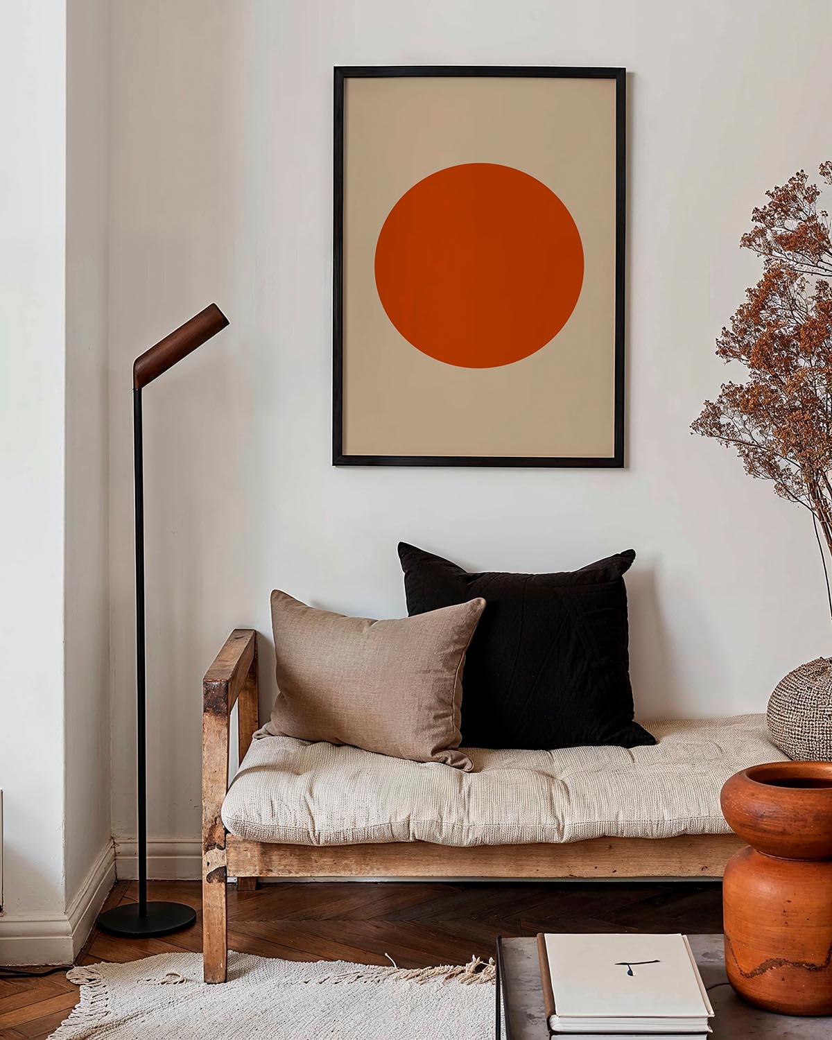 A playful poster with a single, vibrant burnt-orange oval centered on a muted beige background, embodying a dash of simplicity and fun.