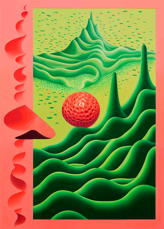 Abstract art poster titled 'Emerald Waves' depicting a stylized, surreal landscape with rolling emerald green hills and scattered red speckles, centered around a textured crimson orb on a vibrant red and green background
