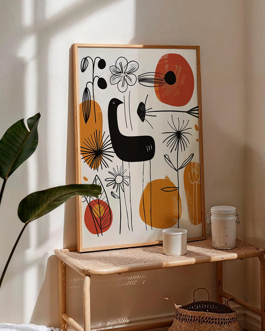 Scandinavian-style abstract poster with bird and floral line art in terracotta and ochre tones