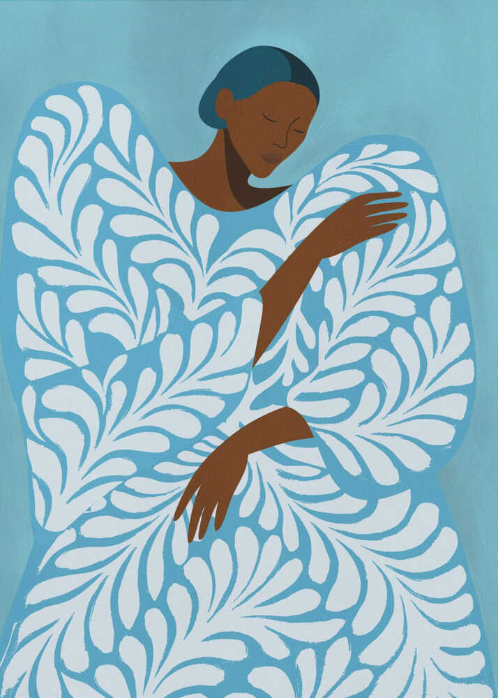 An art print titled "Serene Woman Blue Pattern by Essa Van Reis.jpg" sits on a white cabinet. The artwork features a minimalist illustration of a dark-skinned woman with closed eyes, wrapped in a large garment with an intricate white leaf pattern against a solid light blue background.