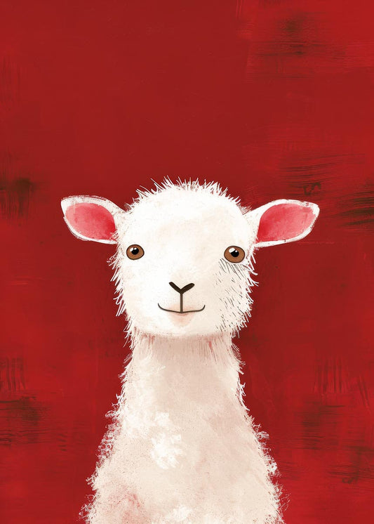 "Cheerful children's poster showcasing a cartoonish white sheep with a cute expression on a bold red background, ideal for nursery or kids' room décor.