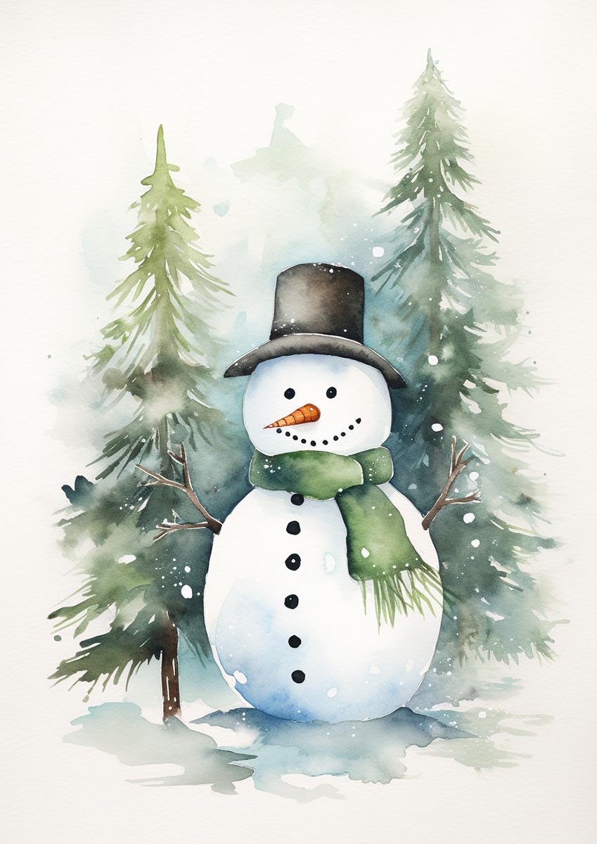 Watercolor illustration of a cheerful snowman with a carrot nose, wearing a top hat and scarf, standing amidst snowy pine trees.