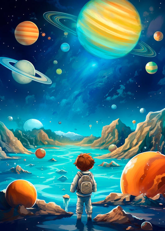 Young child with a backpack standing at the edge of a serene water body, gazing at a vivid cosmic scene with multiple colorful planets, rings, and a starry sky