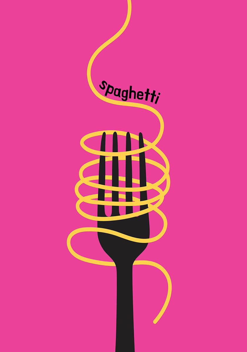 Fork twirling spaghetti against a bright pink background in a minimalist poster design