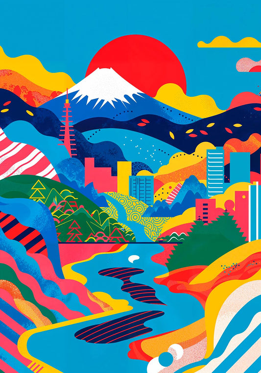Vibrant abstract poster featuring a modern interpretation of Mount Fuji amidst colorful urban and natural motifs.