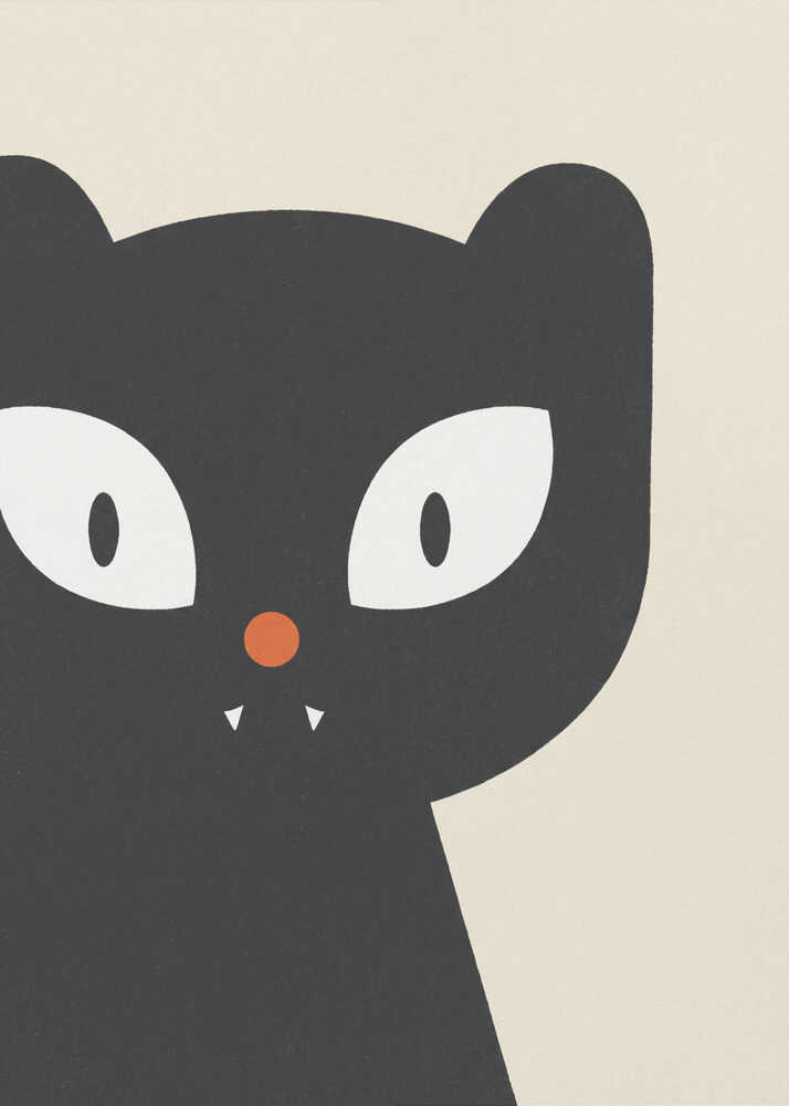 A minimalist, graphic illustration of a stylized black cat against a warm off-white background. The cat has large, wide white eyes with black pupils, a small round orange nose, and two tiny white vampire fangs peeking out.